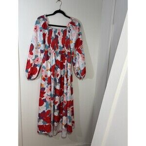 Floral Red Pink Blue White Maxi Dress Square Neck Smocked Long Sleeve Pullover S